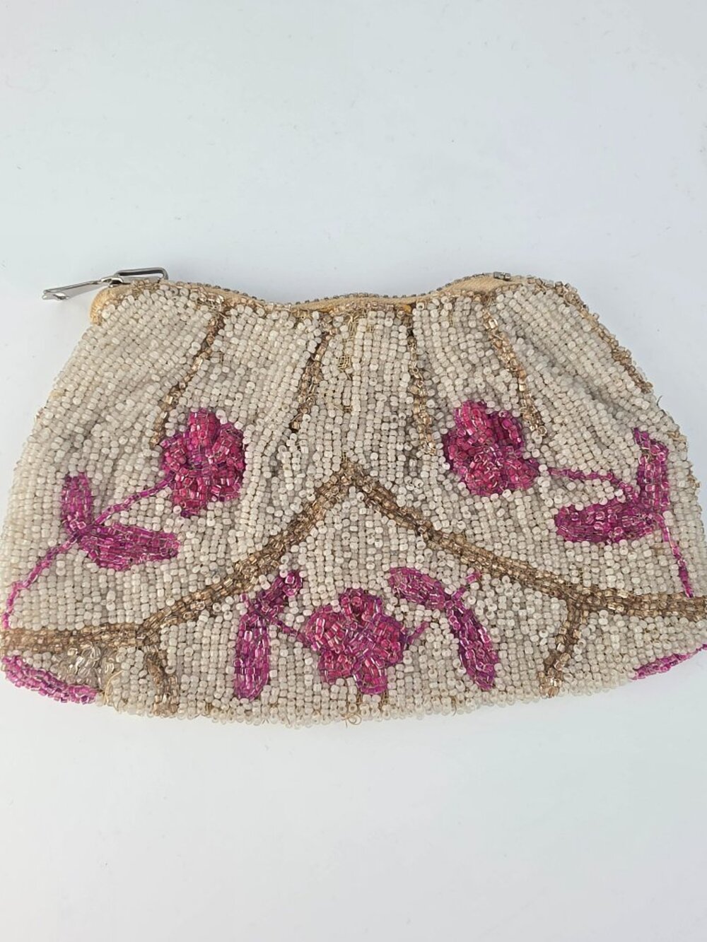 Antique Cream Beaded Clutch with Pink Floral Accents